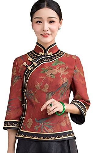 Cheongsam Dam vår silke satin tryck skarvning retro kinesisk stil tang-kostym qipao skjortor kvinna, Röd, XL