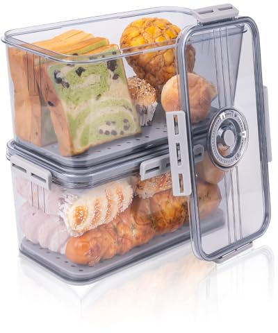 Dynta Bread Box 2 Pack Bread Storage Container Airtight Recording Time Bread Box for Kitchen Countertop Plastic Bread Keeper with Lid for Homemade Bread, Toast, Loaf, Cookies