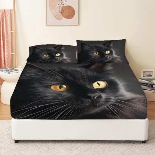 Spannbettlaken 90 x 200 cm Nahaufnahmeporträt Einer Schwarzen Katze Muster Spannbetttuch Bis 30 cm Matratzenhöhe Boxspringbett Bettlaken Weiche Polyester Weiche Mikrofaser Schwarz Bettwäscheset