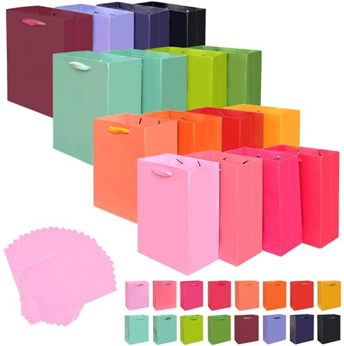 Gcardist 16 Colors Gift Bags with Tissue Paper for Wedding, Birthday, Party Supplies-20x11x24cm Light Color Series Medium Size Cardboard Gift Bags （8x4.3x10Inch,16pcs Bags + Tissue Paper ）