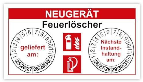 Prüfaufkleber Prüfnachweis „Neugerät Feuerlöscher“ Brandschutz Kennzeichnung Symbole nach ISO 7010 (F001) & BGV A8 (F05) | 90 x 50 mm Made in Germany, Größe: 20 Stück