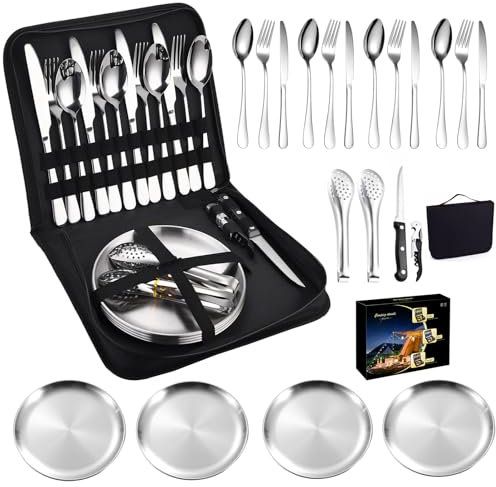 Yixinly Ensemble de vaisselle de camping pour 4 personnes, 20 pièces, vaisselle de camping, 4 personnes, en acier inoxydable, couverts camping avec cuillère, fourchette, couteau, assiette, clip pour