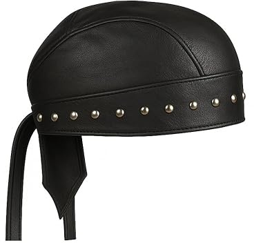 Sheep Leather Skull caps in Black Sweat Head Wraps Studded Skull Cap Bandana Style in Real Do Du Rag Leather Doo Rag Motorcycle Biker Cap Black ICE Club Shop