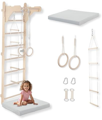 Espalier de Gymnastique pour Enfants (210 cm), échelle en Bois Murale, Anneaux de Gymnastique, Tapis de Protection, Corde d'escalade, 100% écologique, fabriquée dans l'UE