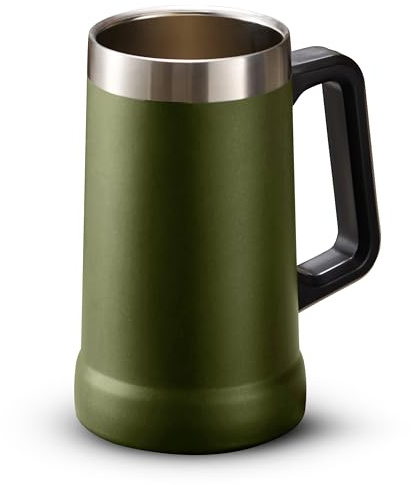 KooK Beer Stein, Stainless Steel Coffee Mug, Tumbler with Thermal Vacuum Insulation, Double Walled Drinking Cup, Large Handle, Shatterproof, Olive, 23.7 oz