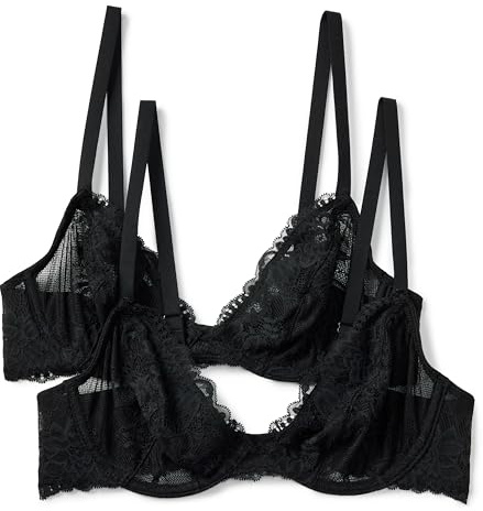 Amazon Essentials Sujetador Escotado de Encaje Elástico Mujer, Paquete de 2, Negro, 95B
