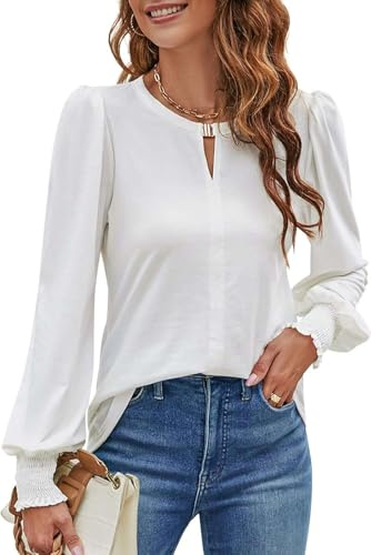 NAIOSS Women's Long Sleeve Blouses Elegant Autumn Shirts V-Neck Puff Sleeve Casual Tops(White/L)