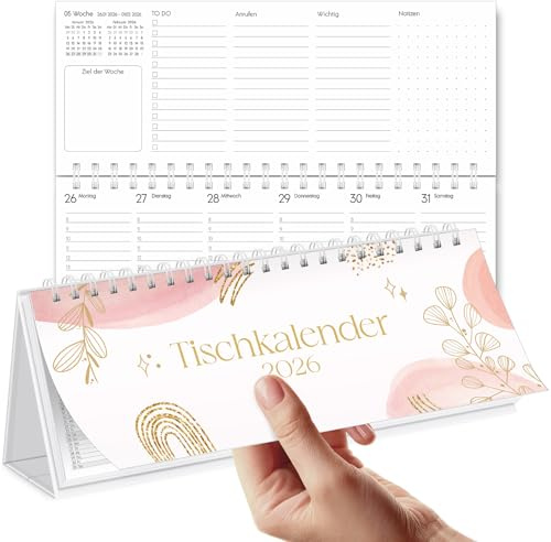 SKYDUE Bordskalender 2026 tvärsgående, kalender 2025 bordskalender, veckokalender från juli 2025 till december 2026, stående kalender med 1 vecka 2 sidor, kalender 29,7 x 11,7 cm (rosa guld)