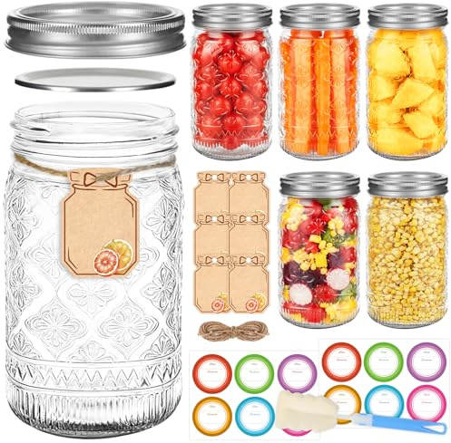EkkoVla 1L Wide Mouth Mason Jars with Airtight Lids, 6-Pack Glass Canning Jars for Pickling, Food Storage & Fermentation – Includes Rustic Stickers & Tags, Ideal for Overnight Oats