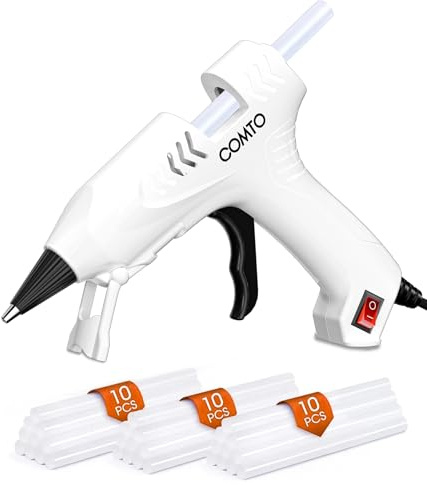 COMTO 20W Pistolet à colle chaude - avec 30 bâtons de colle 7×140mm, chauffage rapide, buse anti-brûlure et support de sécurité, pistolet à colle pour bricolage et réparations à domicile, blanc