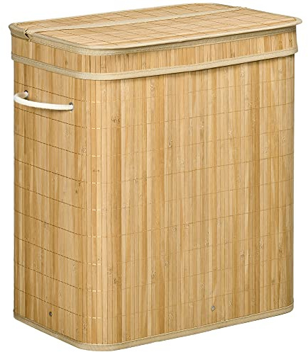HOMCOM Cesto de Ropa Sucia con Tapa, 90L, Cesta Ropa Sucia de Bambú con 2 Compartimentos, Bolsa Interior Extraíble y Lavable, Asas, para Lavandería, Dormitorio, 54,2x35,2x59,5 cm, Natural