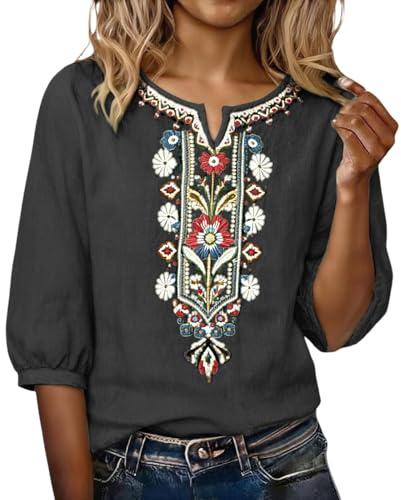 Camicia Lino Donna Estive Elegante Camicetta Manica 3/4 Curvy Scollo a V Ricamo Etnico Boho Camicie Casual Allentate Blusa Top Traspirante Camicette da Lavoro Magliette di Base Leggera e Comoda