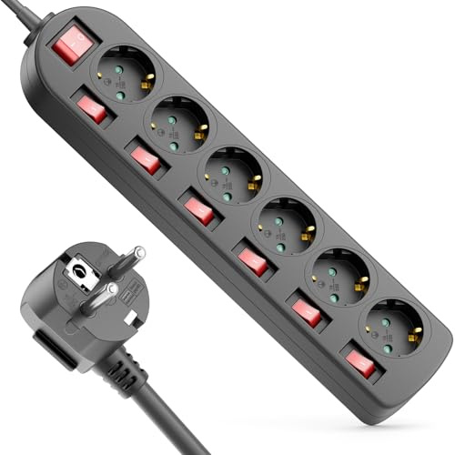 deleyCON Multipresa 6 Vie - Interruttore ON/OFF - Attivazione Singola - Cavo 5m - 6x Prese Presa Multipla Distribuzione Estensione Barra Alimentazione Casa Ufficio 3680W 16A - Nero