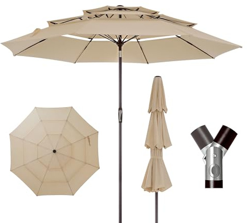 LUE BONA 3 Niveaux Parasol de Jardin 300cm-Parasol Inclinable 8 Baleines en Fibre de Verre,Protection UV 50+ pour Jardin Terrasse Patio Piscine Plage Balcon,Jaune Blé Mat