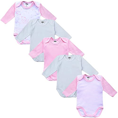 MEA BABY Unisex Baby Langarm Body aus 100% Baumwolle im 5er Pack, Baby Body mit Aufdruck für Mädchen und Jungen (56, Mädchen)