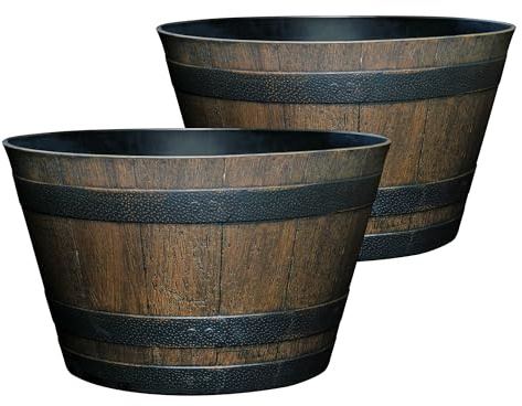 Classic Home and Garden Outdoor Whiskey Resin Flower Pot Barrel Planter, Walnut Brown, 20.5 (2 Pack)