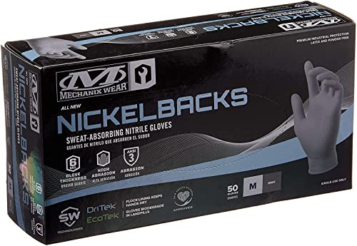 Mechanix Wear: 6 Mil Nickelback Nitrile Gloves with Sweat Absorbing Liner, Latex and Powder Free, Disposable Gloves, Textured Grip, 50 pack, Cleaning and Mechanic Work Gloves (Gray 6 mil, Medium)