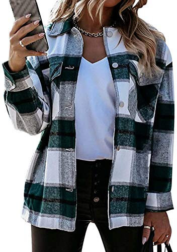 Yming Damen Casual Plaid Jacke Plüsch Fleece Jacke Langarm Button-down Holzfällerjacke Grün XXS