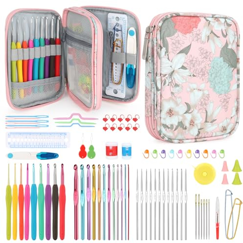 Katech 85 Stück Häkelnadel Set Ergonomische Häkelnadeln Set, Inklusive Bunte Häkelnadeln mit Weicher Griff, Spitze Häkelnadel Häkelzubehör & Tragbar Tasche, Häkelset für Anfänger oder Profis (Rosa)