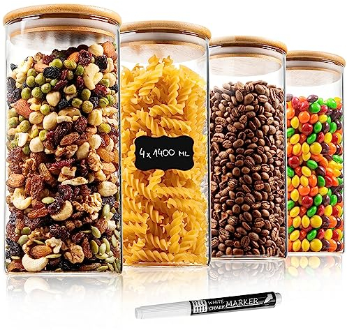 Deco haus® Vorratsgläser mit Deckel Luftdicht 4 x1400ml [+ETIKETTEN] - Vorratsdosen Glas mit Deckel Luftdicht - Aufbewahrungsgläser - Vorratsbehälter Glas Eckig - Vorratsglas - Aufbewahrungsglas