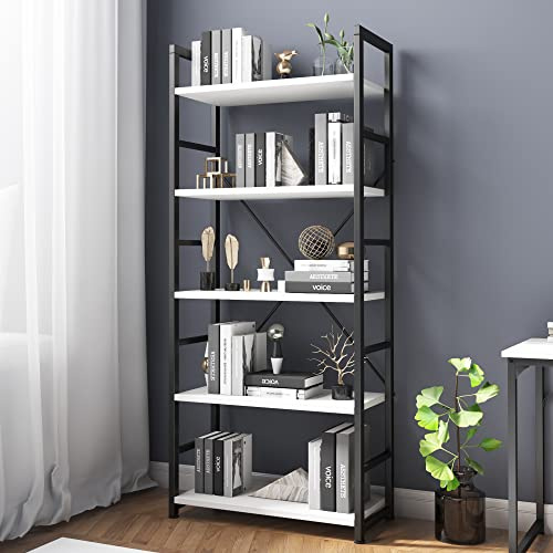 VERMESS Industrial Bookshelf, 5-Tier 24.8 White Shelving Unit Wood Bookcase with Open Shelves, Rustic Standing Bookshelves Metal Frame Display Rack for Living Room,Bedroom, White