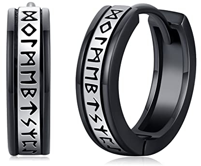 Nordische Wikinger Creolen 925 Sterling Silber Viking Rune Schwarze Ohrringe Amulett Schutz Schmuck Geschenke für Männer Frauen