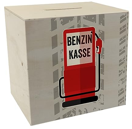 Benzinkasse Zapfsäule Spardose aus Holz mit grauem Hintergrund EIN Sparschwein für Spritgeld Tankgeld Kasse Sparbüchse Sparen Auto praktisch Diesel E10
