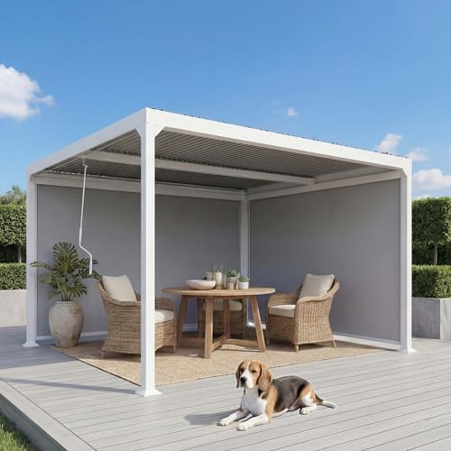 Alu Pergola HWC-L41 mit 2X Seitenwand, Lamellen-Pavillon, stabiles 8cm-Metall-Gestell 3x3,7m - weiß