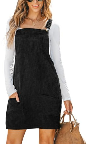 CUPSHE Damen Latzrock Quadratischer Ausschnitt Taschen Cord Latzkleid Overallkleid Freizeitkleider Corduroy Mini Dress Schwarz XL