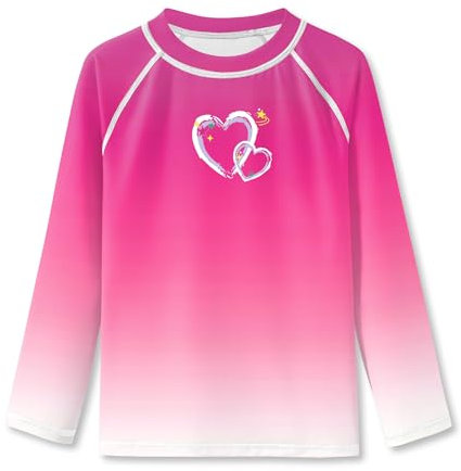 BesserBay Mädchen Badeanzug Druck UV Shirt UPF 50+ Sonnenschutz Rundhals Rosa Weiß Langarm Rash Guard 150