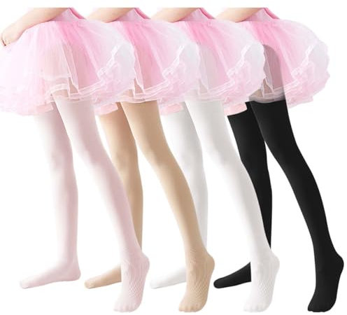AOOPOO 4 Paires Collants de Danse Fille avec Pied, Collant de Ballet Antidérapants pour Enfant, Opaques 90 DEN Collants Danse Classique pour Filles/Femmes 2-14 Ans, Blanc, Noir, Rose, Beige