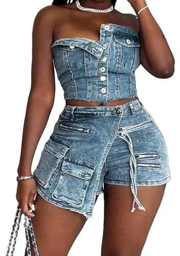 TACSTRUN Sexy 2 Pezzi Denim Breve Set Donna, Sexy Tube Top E Vita Alta Cargo Jean Shorts Party Clubwear,Blu,L