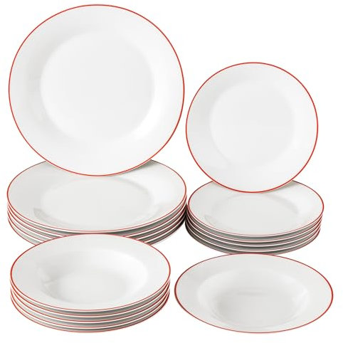 Baroni Home Servicio de platos de 18 piezas de porcelana y gres, servido de mesa colorida para 6 personas, plato hondo, llano, de fruta o postre (Red Line)