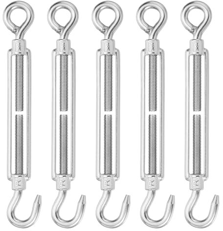 sourcing map M8 Hook and Eye Turnbuckles for Cable Wire Rope Tension, 304 Stainless Steel Turnbuckle Adjustable for Shade Sail String Light Hanging Pack of 5