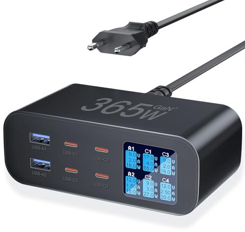 365W Cargador USB C Multiple con Pantalla LED, YSYFAD 6 Puertos Estacion de Carga PD Carga USBC Rapida Cargador USB C 100W QC USBA para Macbook Portátiles i Phone Pad, Negro