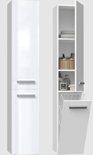BDW - Armario de Baño Deslizable - Armario de Baño Alto con Cesto de Ropa 174 x 31 x 30 cm - Lado de Apertura de Puerta Seleccionable - Blanco Brillante