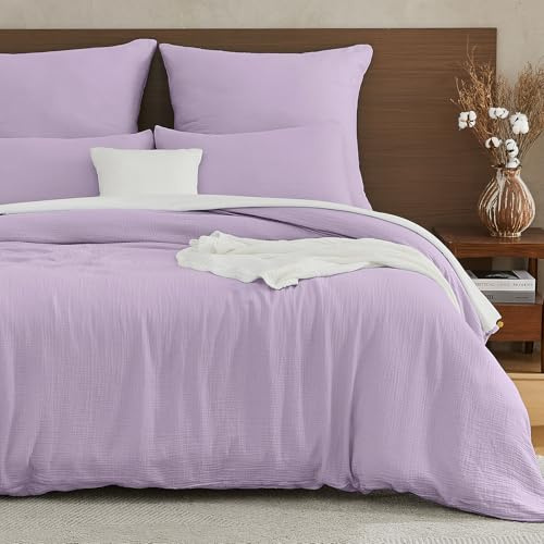 EMME Ropa de cama de muselina, 200 x 200 cm, 100 % algodón, certificado Öko-Tex, doble extra suave para las 4 estaciones, 1 funda nórdica y 2 fundas de almohada, ropa de cama de verano lila
