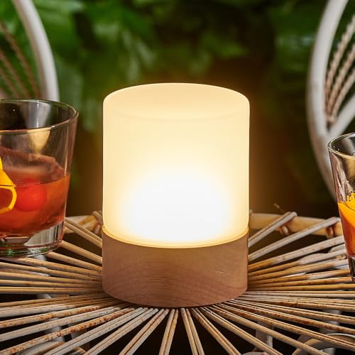 Auraglow Omniance Elara Rechargeable Table Lamp, Light Source and Remote | Cordless dimmable colour changing, wood and frosted design, USB C charge, timers, for dining, bar, hotel and home