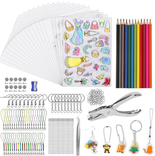HUMTEOXI 225 Stück Schrumpffolien Set für Kinder, Schrumpffolie zum Basteln nthält 20 Schrumpfplastik, Schlüsselanhänger, Buntstifte, Locher für DIY