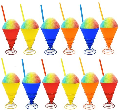 Gift Boutique Reusable Silicone Snow Cone Cup Set 12 Pack Leakproof Cups & Spoon Straws with Metal Holders for Summer Cookout Party Kid Friendly, for Slushies Shaved Ice & Ice Cream, 7 oz