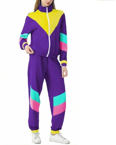 Aluvee 80s Track Suit Women Set 80s 90s Outfit Color Block Windbreaker Jacket Tracksuit Set Retro Themed Party costumes