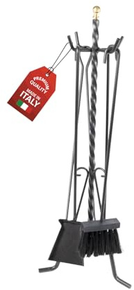 MOHOME Set Camino Attrezzi Kit 5 Utensili Durevoli Made in Italy 25x70 cm Resistenti al Calore Scopino Attizzatoio Paletta Pinza Portattrezzi Accessori Caminetto Stufa a Legna con Manici