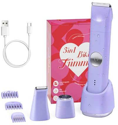 Bikini Trimmer for Women, Shaver for Private Area, 3 in 1 Electric Razors for Leg Body Armpit Pubic Hair Shaving, Ceramic Blade,Smooth Gentle Shave,USB-C Charge Dock,Cordless and Rechargeable (Purple)