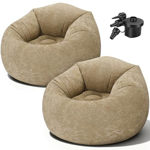 2 Pcs Inflatable Bean Bag Chair for Adults with Air Pump, Blow Up Chair for Indoor & Outdoor, Portable Lounger Sofa for Movie Night, Camping, Living Room (Brown)