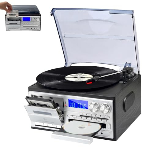Tocadiscos Bluetooth 9 en 1 con cubierta, soporta 33/45/78 RPM, altavoces integrados, reproductor de CD y casete, función de digitalización para discos de vinilo
