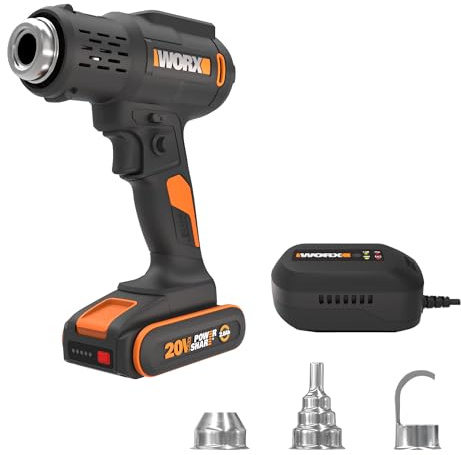 WORX Décapeur thermique sans fil 20V WX015 | Température réglable de 20 à 600 °C, chauffe rapide, 3 buses et batterie avec chargeur inclus