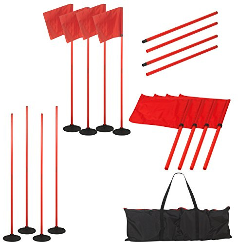 American Challenge Coaching Combo Sticks Set – 4 Training Poles with 4 Weighted Rubber Bases, 30” Modular Poles, Converts to 5FT Coaching Sticks or Corner Flags – For Soccer Training, Turf, Grass & Indoor Use