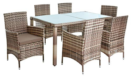 ESTEXO Polyrattan Sitzgruppe Gartenmöbel Set 6 Personen Rattanmöbel Gartenset Rattan Essgruppe Gartentisch Gartenstuhl Set (Beige-Braun)