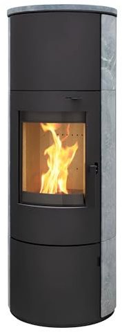 Kaminofen München XL Stahl schwarz Speckstein 7kw Speicherofen mit Steinverkleidung Panoramatür Holzofen Dauerbrand geeignet Schwedenofen 150mm Abgasstutzen selbstschließende Tür (Bauart 1)