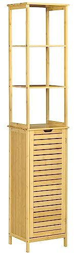 kleankin Estantería de Baño de Bambú Armario Alto para Baño con 3 Estantes y 1 Puerta Mueble Columna de Almacenaje para Salón 34x30x173 cm Natural